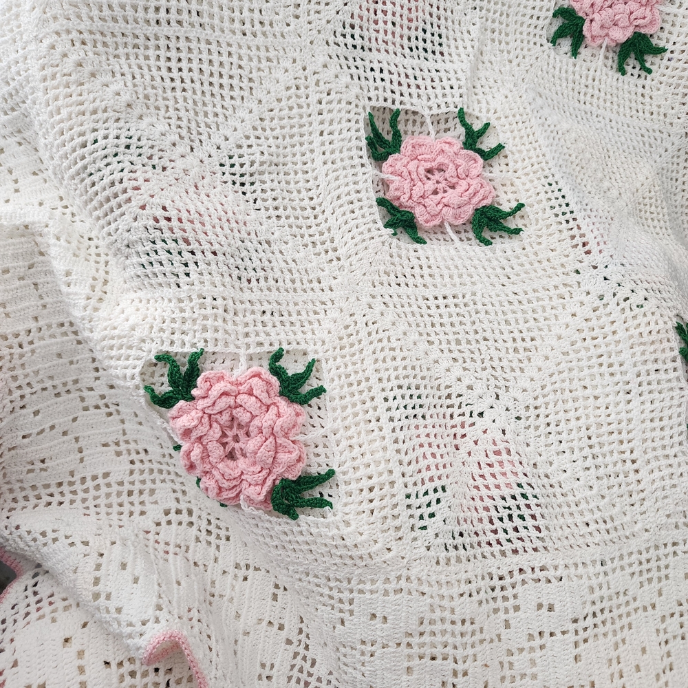 Vintage Crochet Blanket with Pink Floral Accents